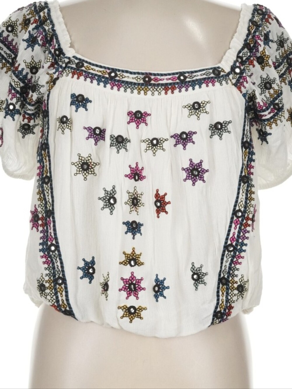 Free People Ivory Embroidered Boho Square-Neck Puff Sleeve Top